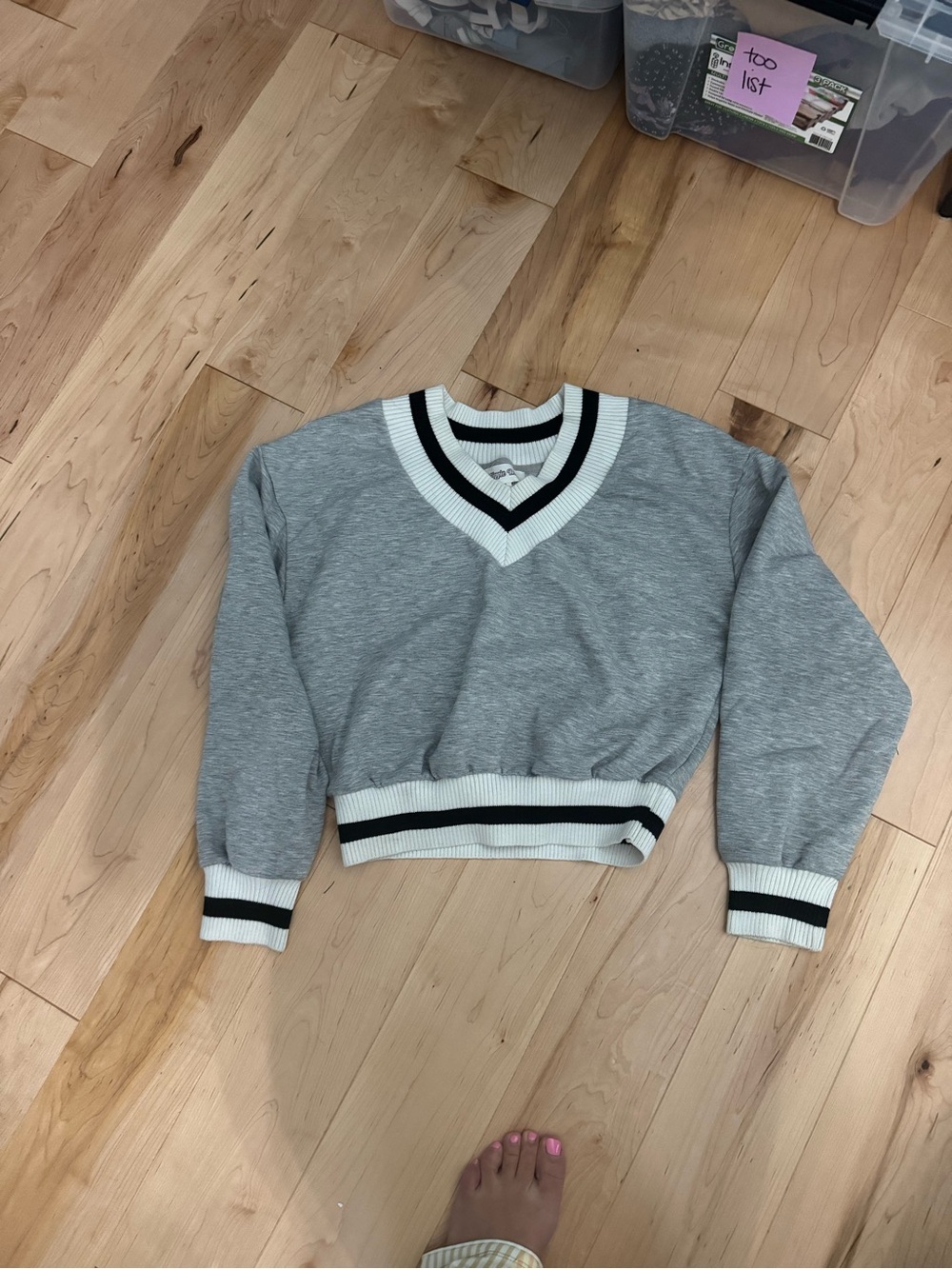 Hippie Rose Grey V-Neck Cropped Sweatahirt with White & Black Trim
